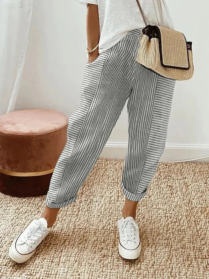 Cove | Striped Trousers with Relaxed Fit and Elastic Waist