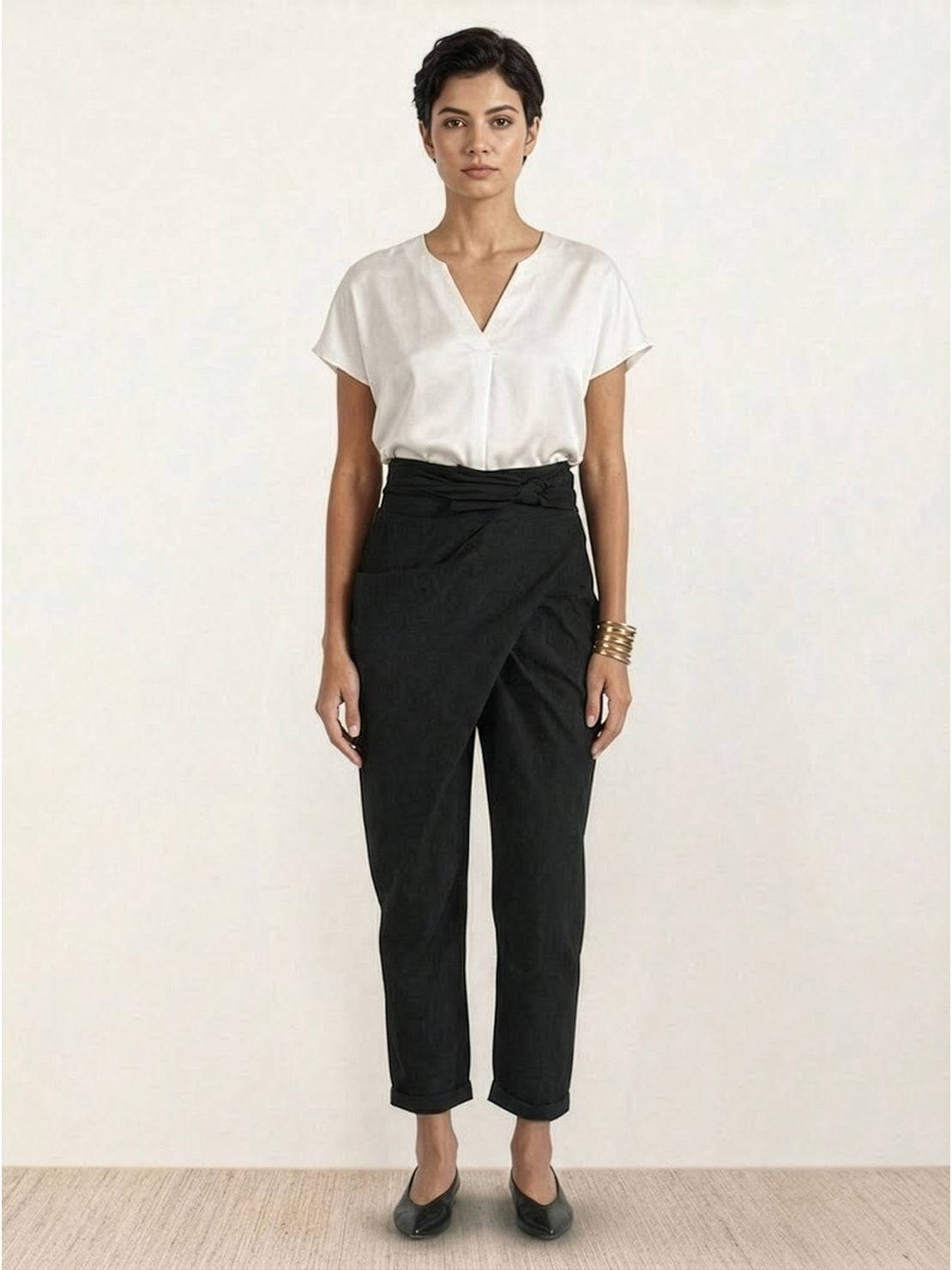 Cora | Cropped Tapered Trousers with High Waist and Wrap Front