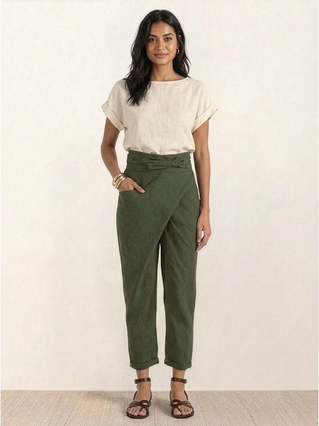 Cora | Cropped Tapered Trousers with High Waist and Wrap Front