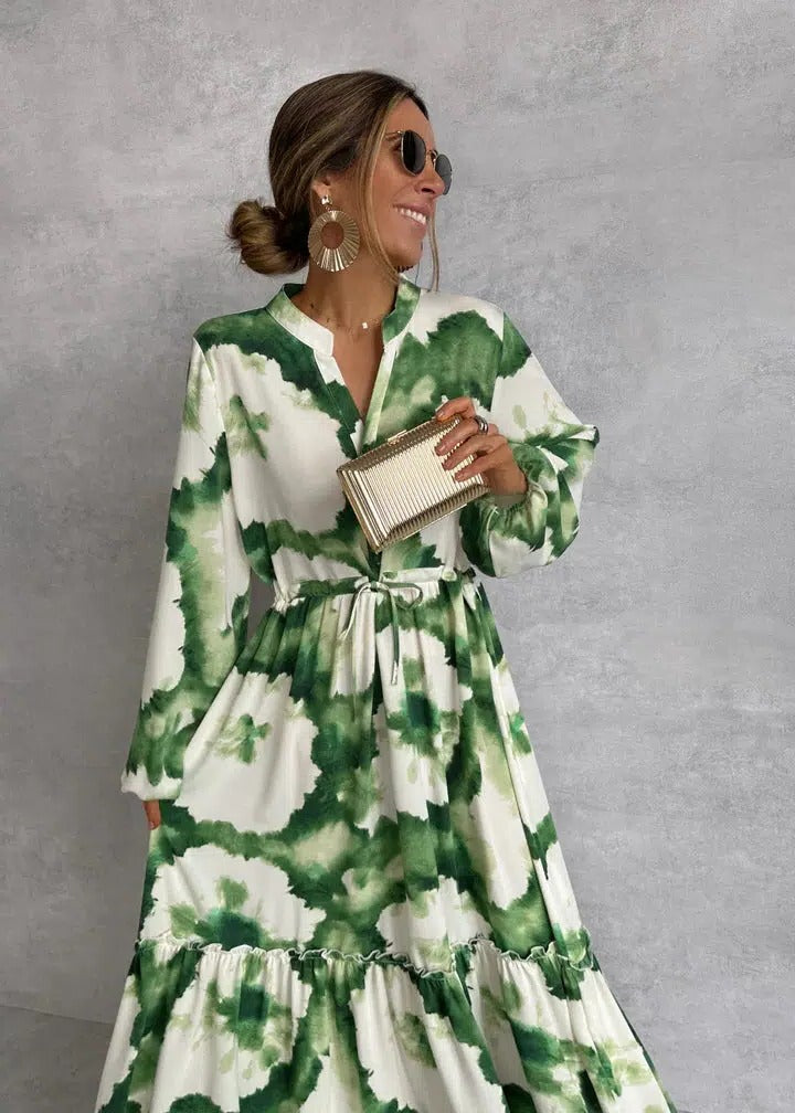 Celeste | Women's Tie-Dye Belted Long Sleeve Tiered Maxi Dress