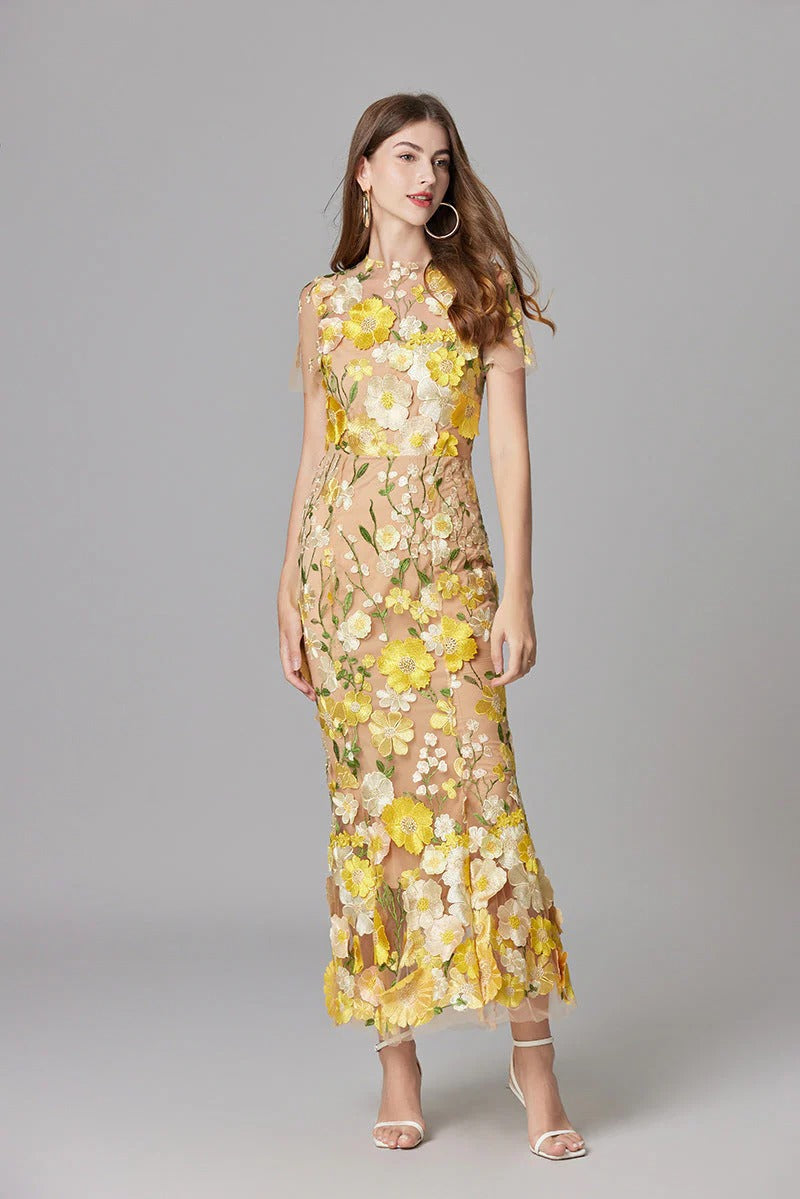 Aurelia | Women's 3D Floral Appliqu¨¦ Sheer Mesh Sleeveless Maxi Dress