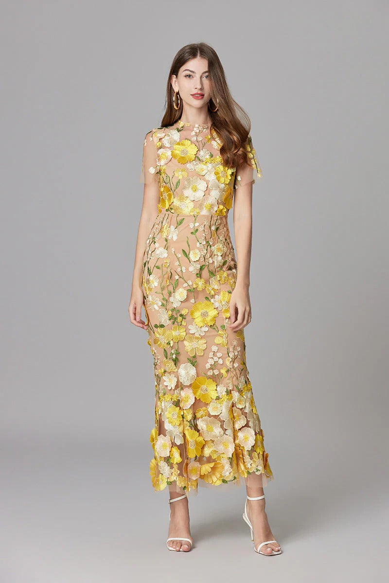 Aurelia | Women's 3D Floral Appliqu¨¦ Sheer Mesh Sleeveless Maxi Dress