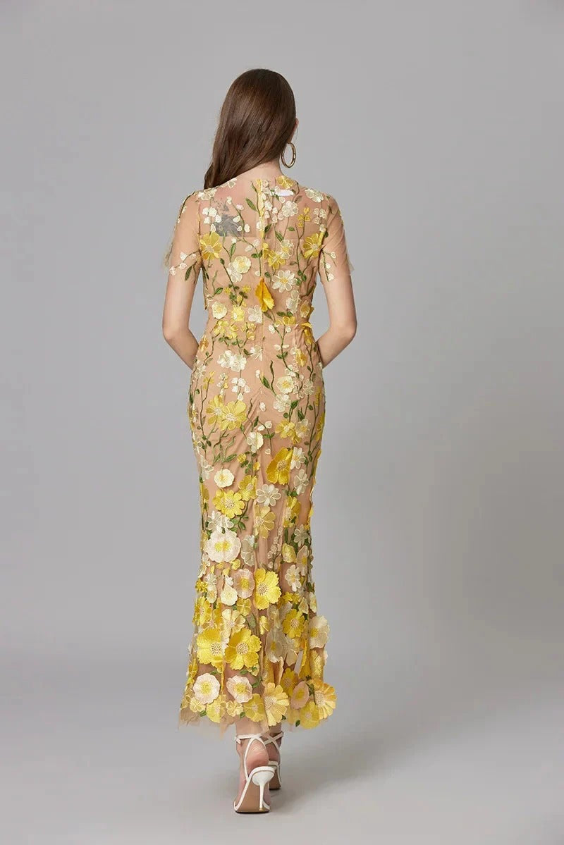 Aurelia | Women's 3D Floral Appliqu¨¦ Sheer Mesh Sleeveless Maxi Dress