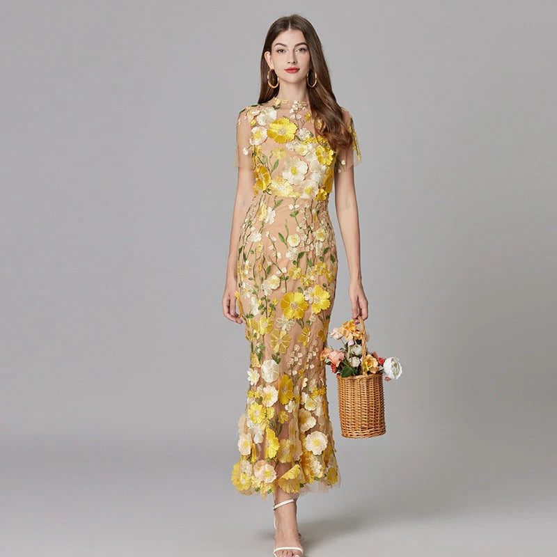 Aurelia | Women's 3D Floral Appliqu¨¦ Sheer Mesh Sleeveless Maxi Dress
