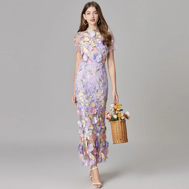 Aurelia | Women's 3D Floral Appliqu¨¦ Sheer Mesh Sleeveless Maxi Dress