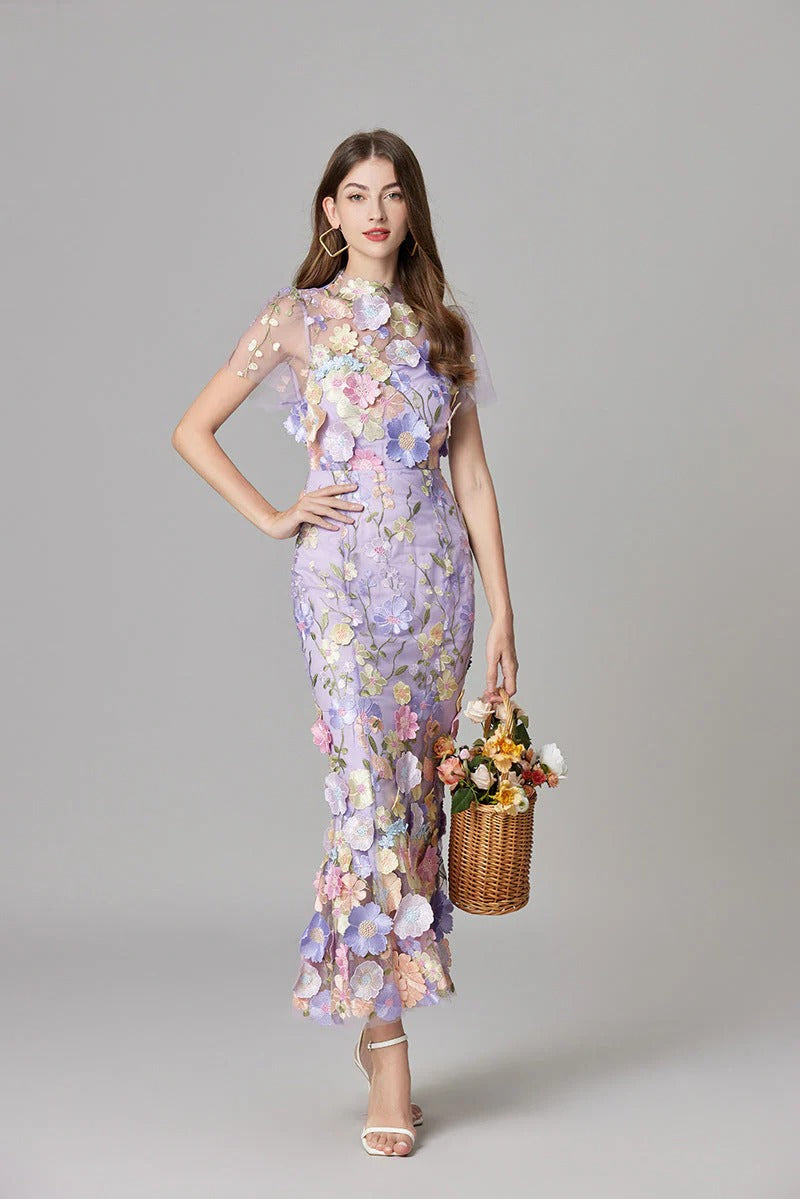 Aurelia | Women's 3D Floral Appliqu¨¦ Sheer Mesh Sleeveless Maxi Dress