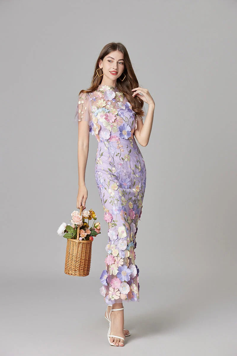 Aurelia | Women's 3D Floral Appliqu¨¦ Sheer Mesh Sleeveless Maxi Dress
