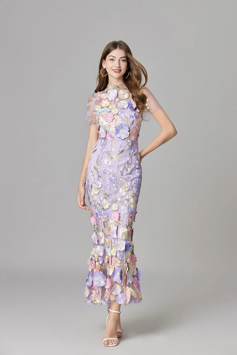 Aurelia | Women's 3D Floral Appliqu¨¦ Sheer Mesh Sleeveless Maxi Dress