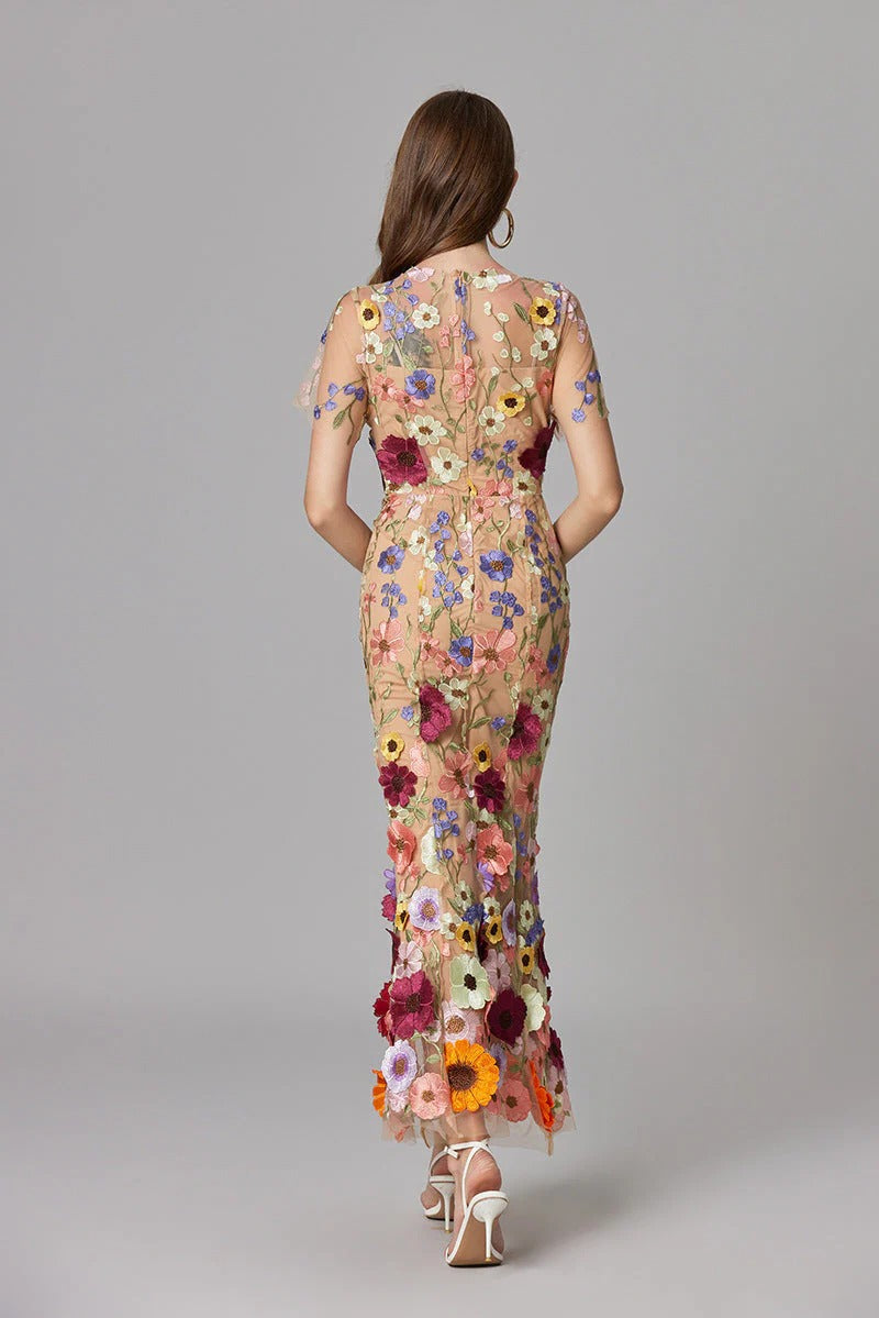 Aurelia | Women's 3D Floral Appliqu¨¦ Sheer Mesh Sleeveless Maxi Dress