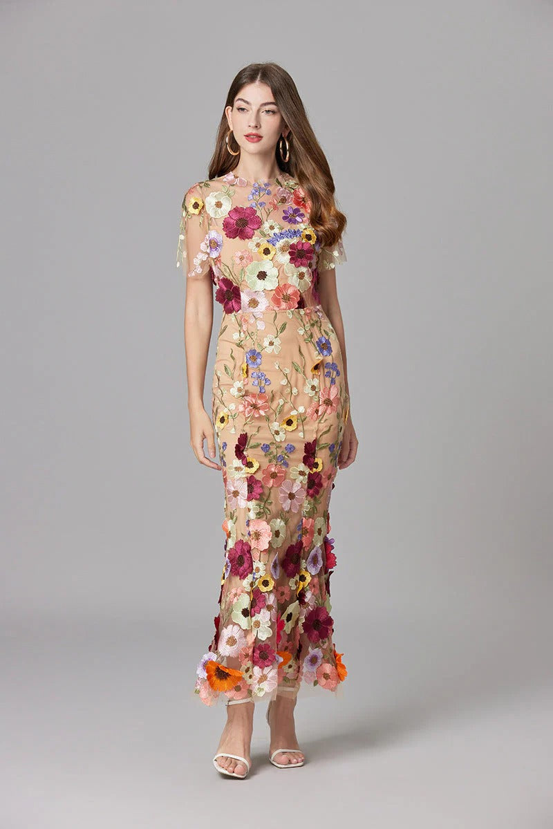 Aurelia | Women's 3D Floral Appliqu¨¦ Sheer Mesh Sleeveless Maxi Dress