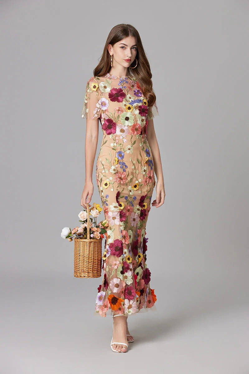 Aurelia | Women's 3D Floral Appliqu¨¦ Sheer Mesh Sleeveless Maxi Dress