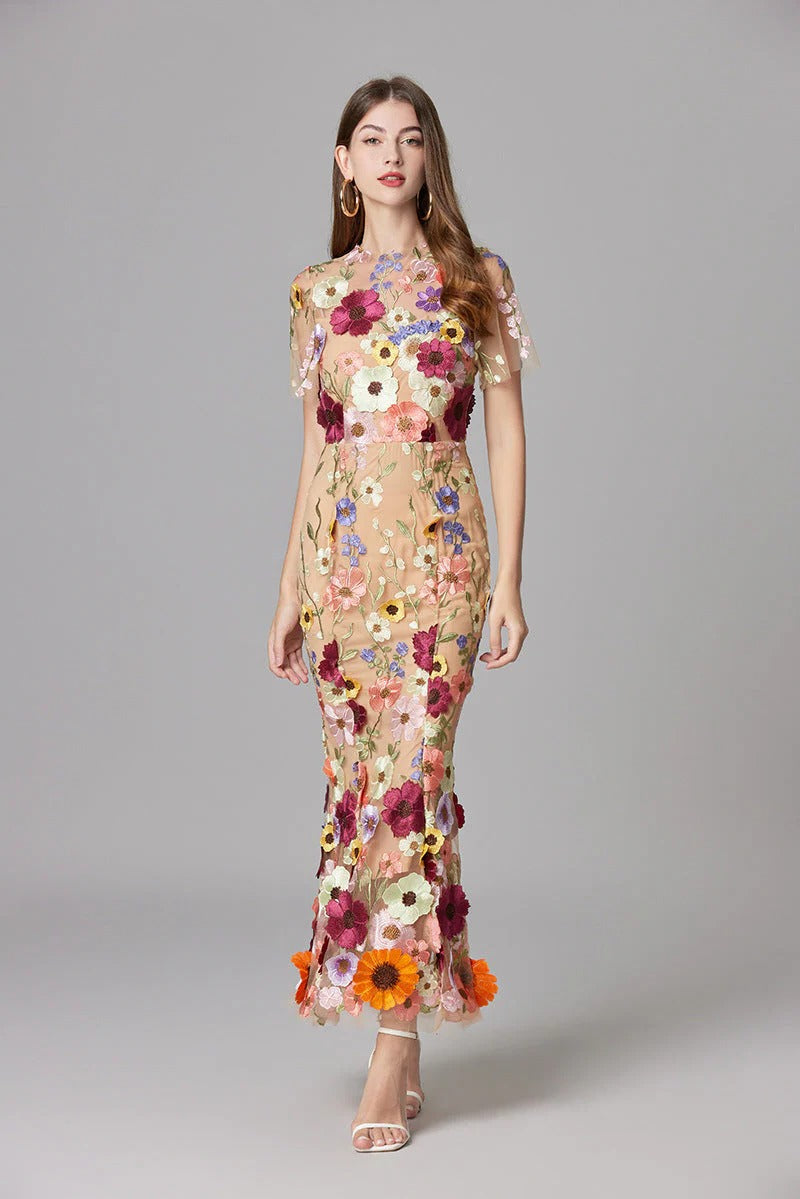 Aurelia | Women's 3D Floral Appliqu¨¦ Sheer Mesh Sleeveless Maxi Dress