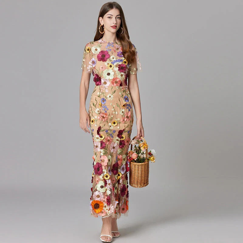 Aurelia | Women's 3D Floral Appliqu¨¦ Sheer Mesh Sleeveless Maxi Dress
