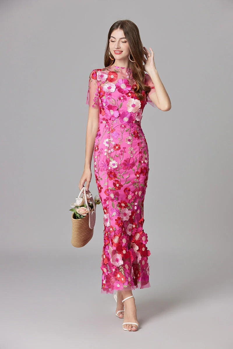 Aurelia | Women's 3D Floral Appliqu¨¦ Sheer Mesh Sleeveless Maxi Dress