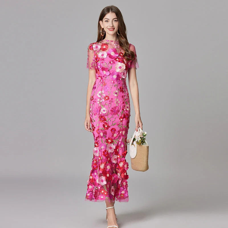 Aurelia | Women's 3D Floral Appliqu¨¦ Sheer Mesh Sleeveless Maxi Dress
