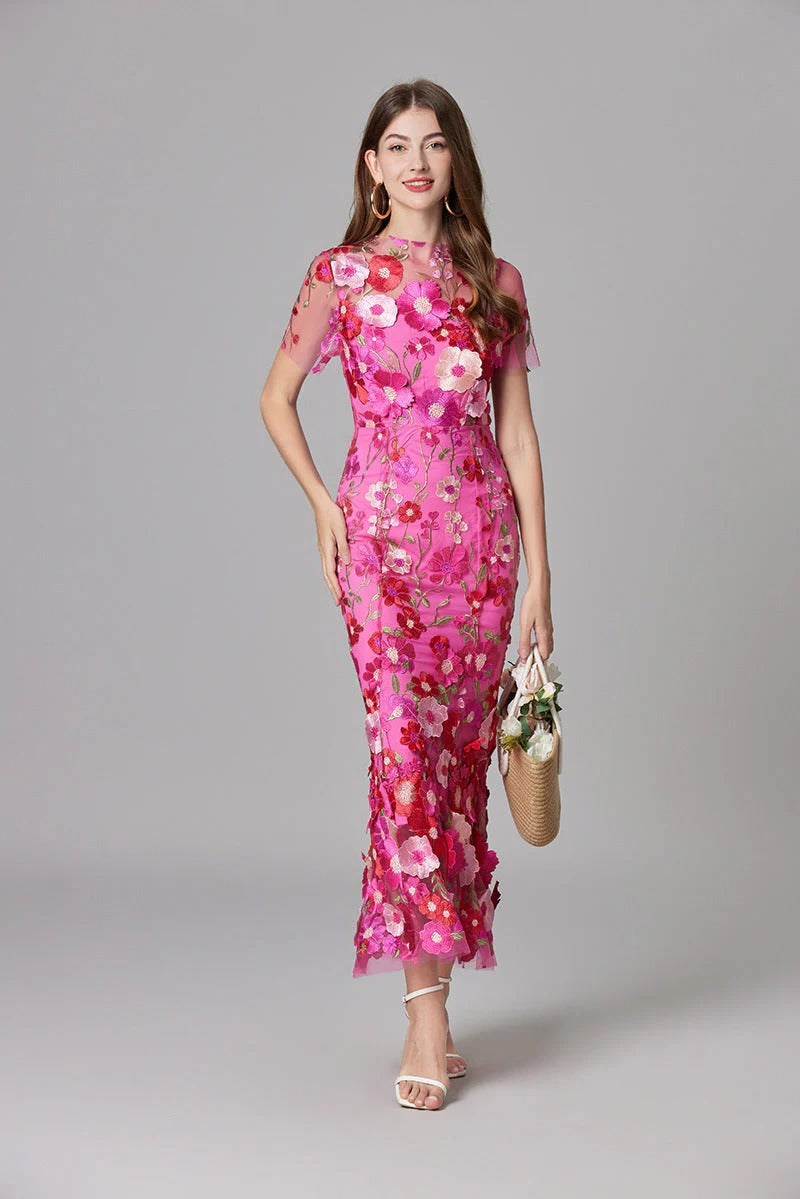 Aurelia | Women's 3D Floral Appliqu¨¦ Sheer Mesh Sleeveless Maxi Dress