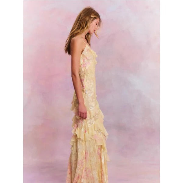 Aurora | Women's Ruffle Maxi Dress Floral Spaghetti Strap V-Neck