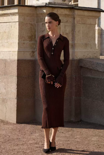Audrey | Women's Ribbed Polo Collar Midi Dress with Button Closure and Comfortable Fit