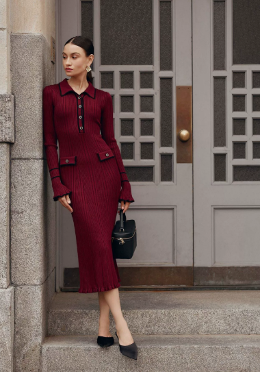 Audrey | Women's Ribbed Polo Collar Midi Dress with Button Closure and Comfortable Fit