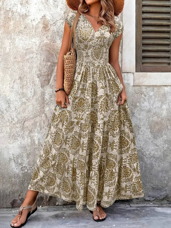 Calla | Women's Smocked Boho Print Tiered Maxi Dress