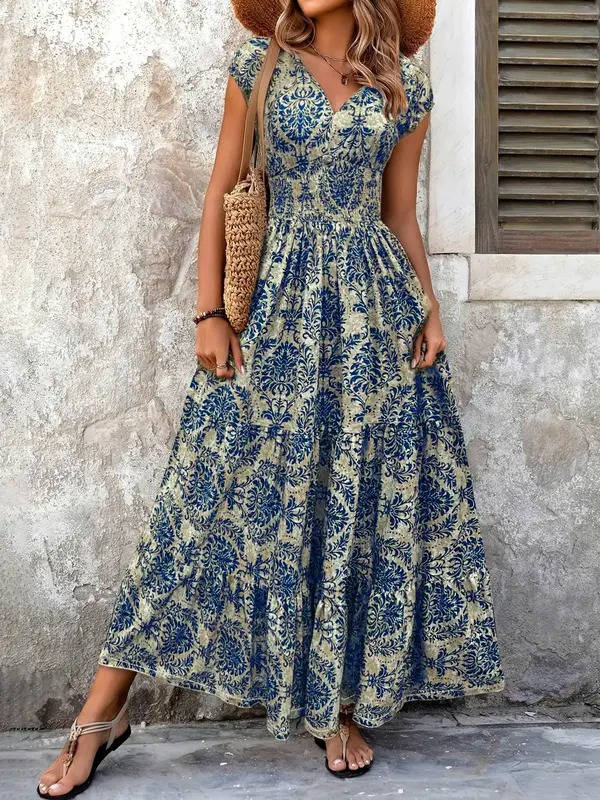 Calla | Women's Smocked Boho Print Tiered Maxi Dress