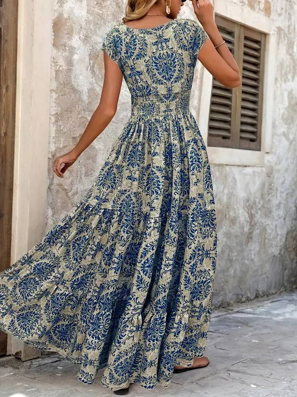 Calla | Women's Smocked Boho Print Tiered Maxi Dress
