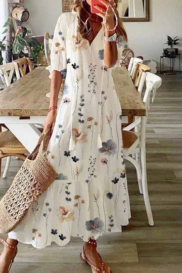 Flora | Women's Floral Print V-Neck Tassel Maxi Dress Boho