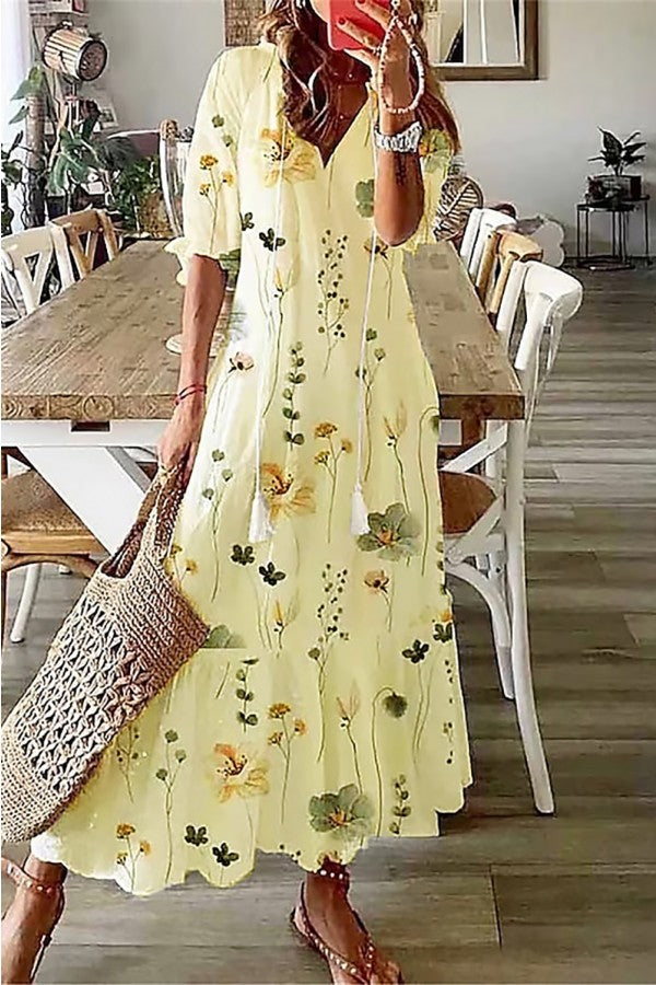 Flora | Women's Floral Print V-Neck Tassel Maxi Dress Boho
