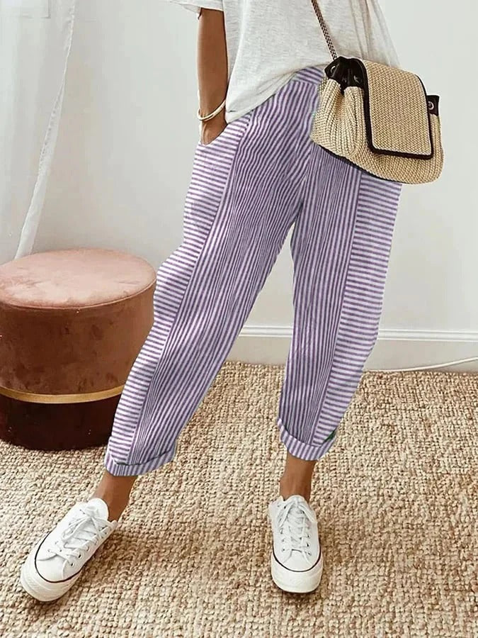 Cove | Striped Trousers with Relaxed Fit and Elastic Waist
