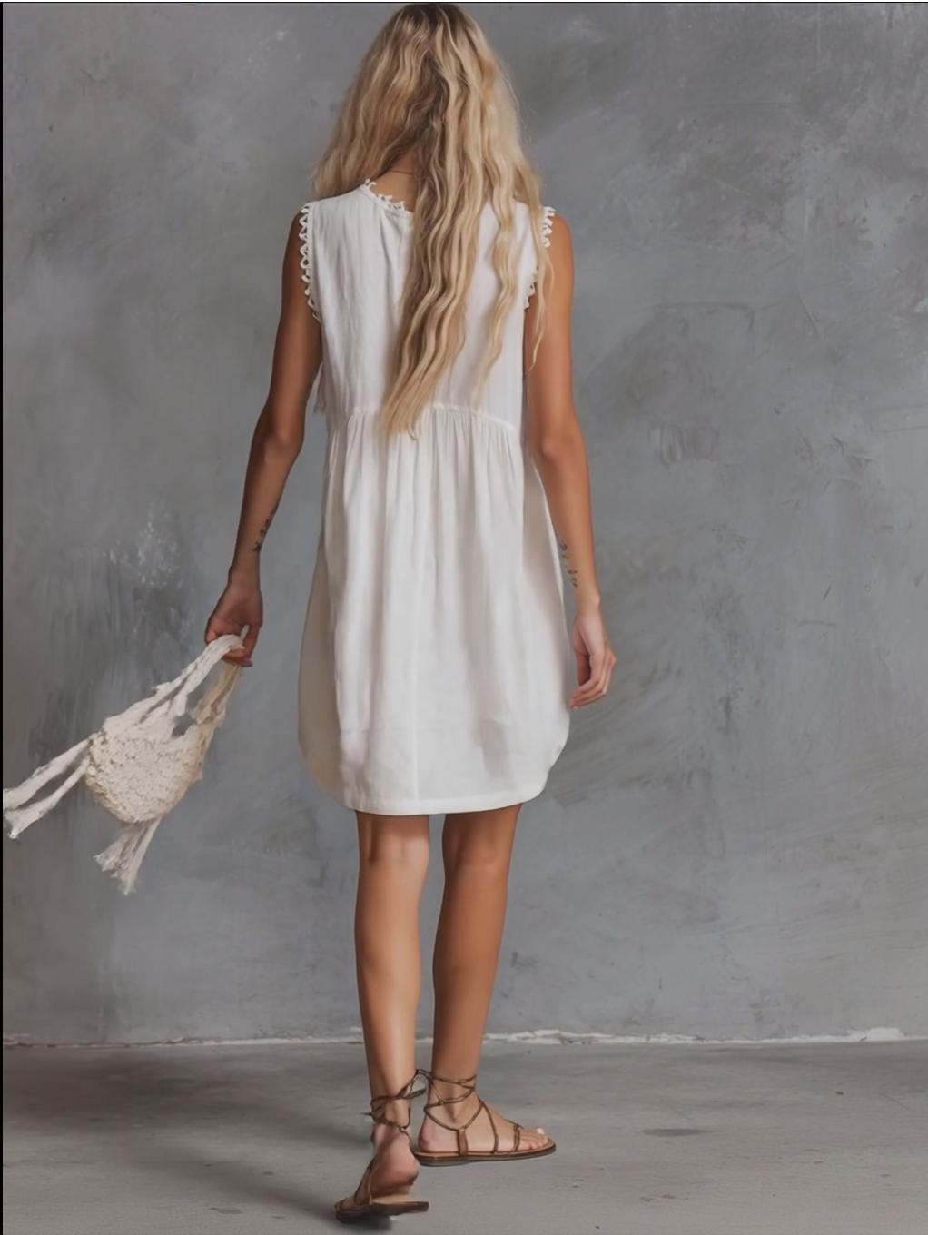 Evangeline | Elegant Vintage Western Lace V-neck Front-button White Cotton Mini Dress