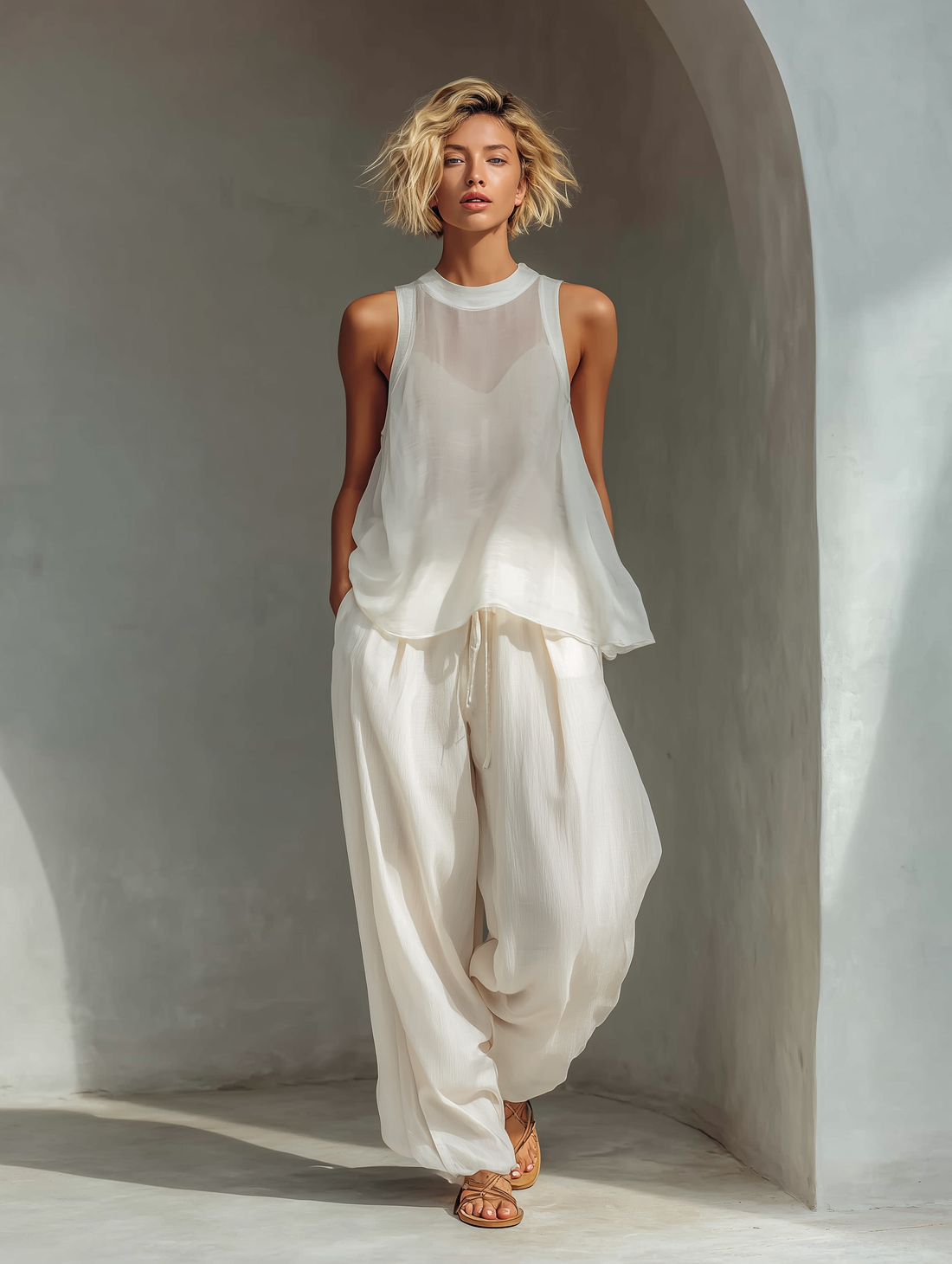 Annabelle | Women's Sleeveless Chiffon Top And Drawstring Wide Leg Trousers Set