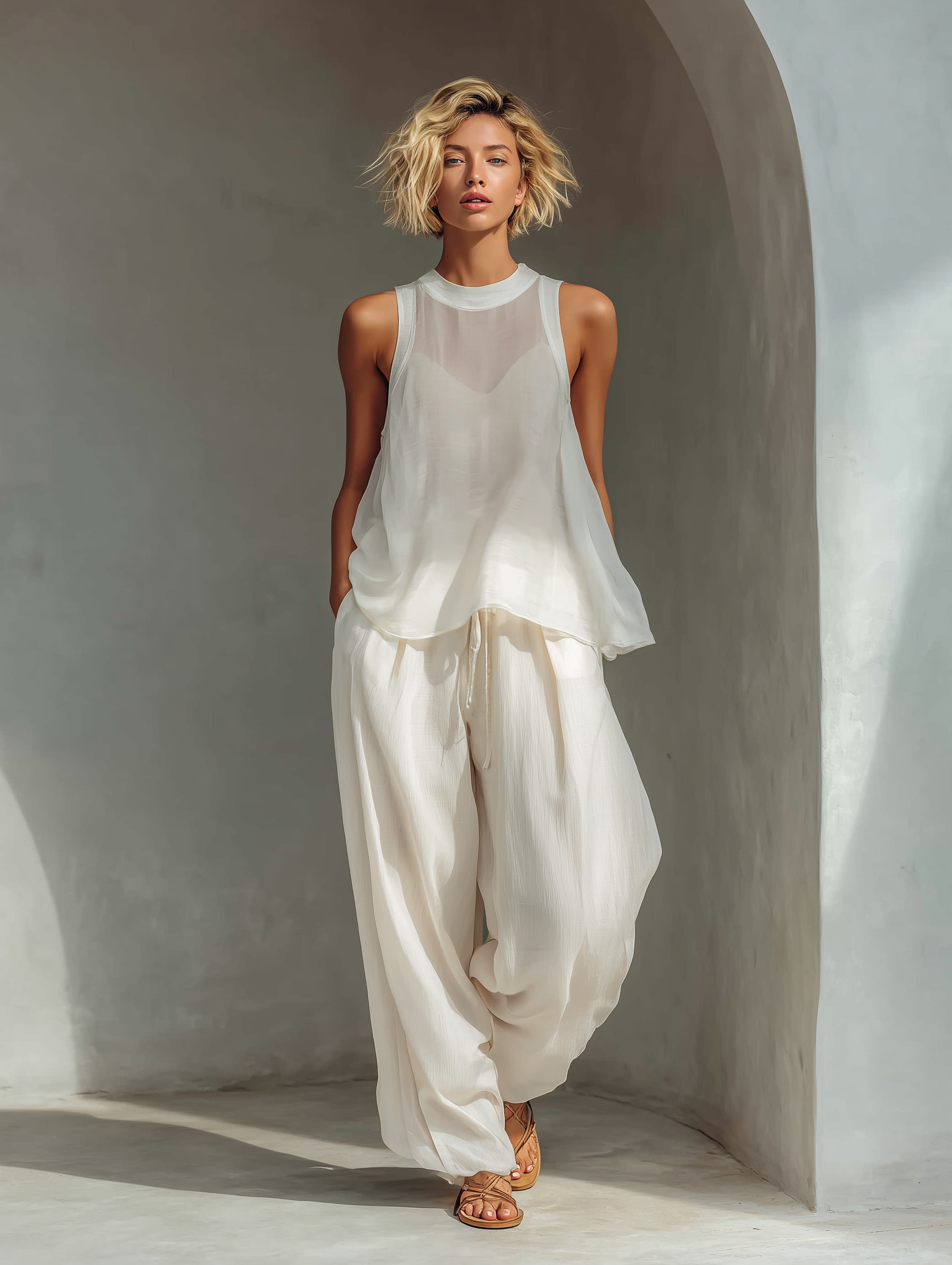 Annabelle | Women's Sleeveless Chiffon Top And Drawstring Wide Leg Trousers Set