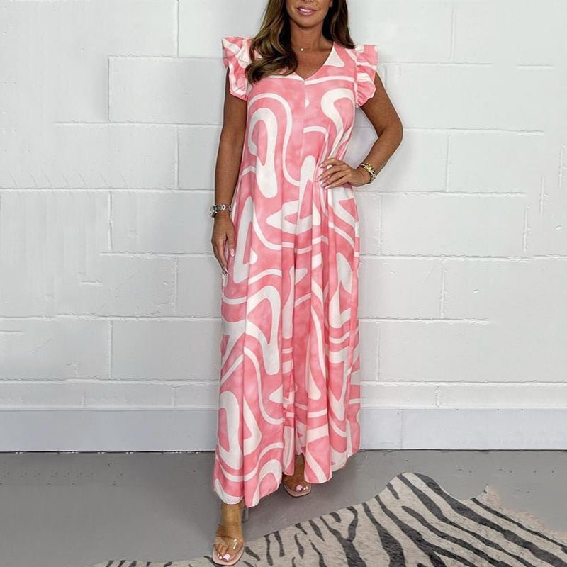 Cleo | Women's V-Neck Jumpsuit with Ruffle Sleeves and Wide Legs
