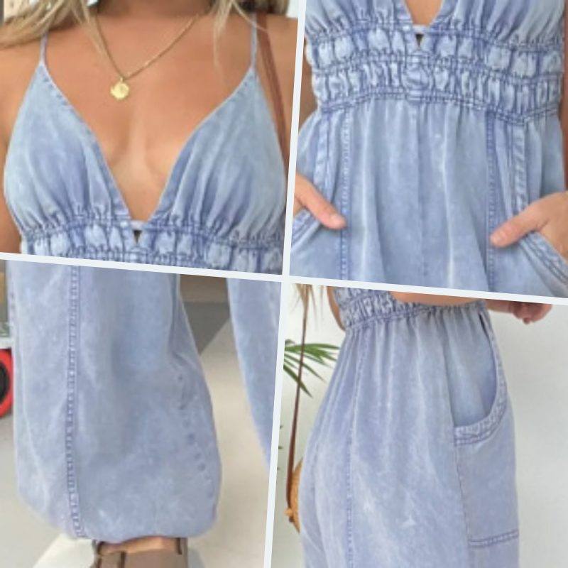 Demi | Women's Denim Jumpsuit V-Neck Spaghetti Strap Wide Leg Romper