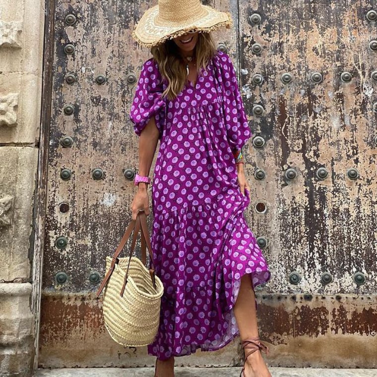 Flora | Women's Puff Sleeve V-Neck Boho Printed Maxi Dress