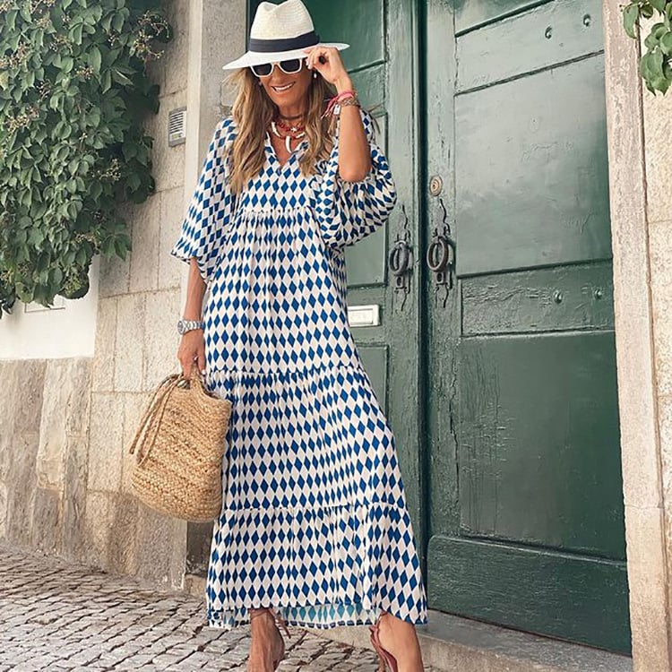 Flora | Women's Puff Sleeve V-Neck Boho Printed Maxi Dress