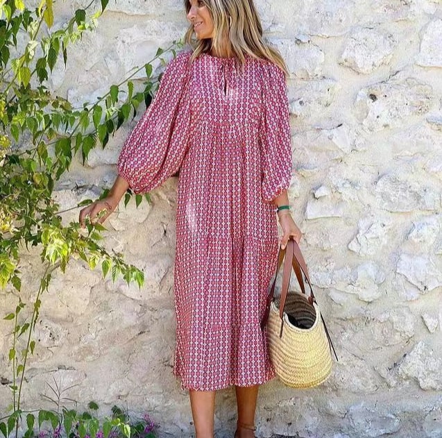 Flora | Women's Puff Sleeve V-Neck Boho Printed Maxi Dress