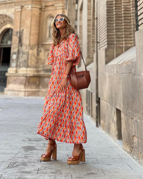 Flora | Women's Puff Sleeve V-Neck Boho Printed Maxi Dress