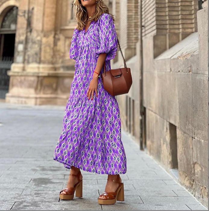 Flora | Women's Puff Sleeve V-Neck Boho Printed Maxi Dress