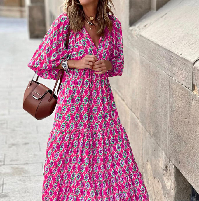 Flora | Women's Puff Sleeve V-Neck Boho Printed Maxi Dress