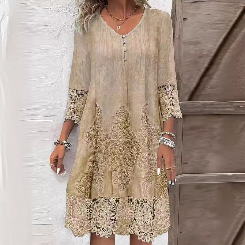Eliza | Women's Floral Midi Dress with Short Sleeves and A-Line Skirt