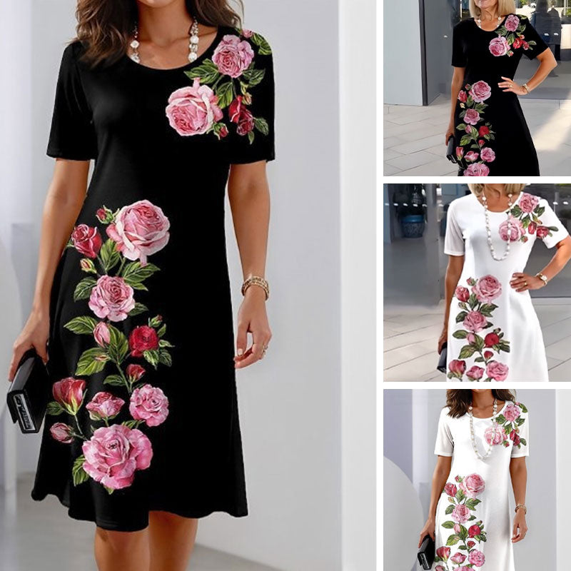 Elina | Women's Floral Print Dress with Short Sleeves and A-Line Silhouette