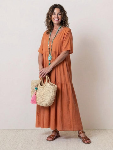 Aurora | Women's V-Neck Maxi Dress with Tiered Design and Short Sleeves