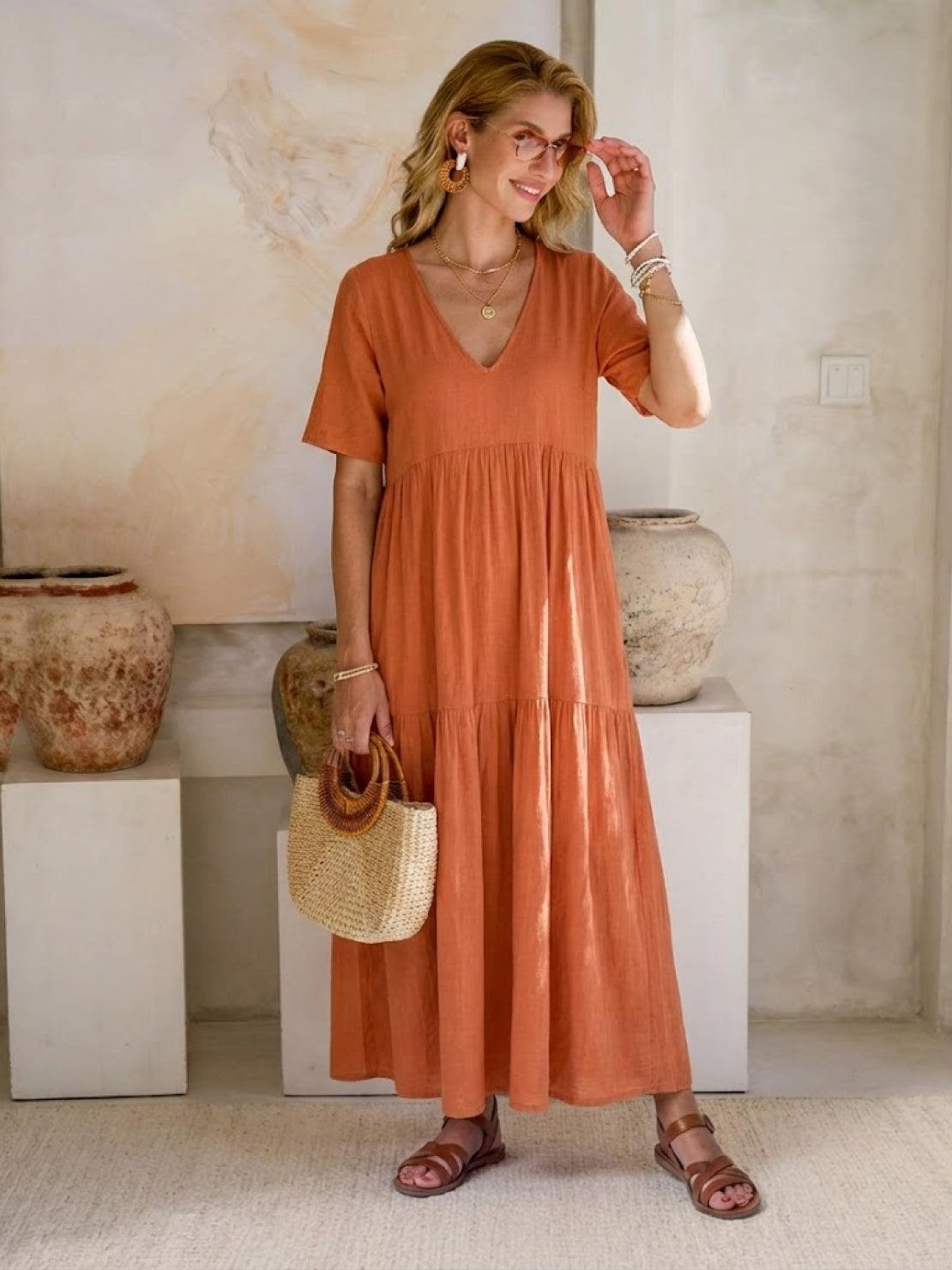 Aurora | Women's V-Neck Maxi Dress with Tiered Design and Short Sleeves