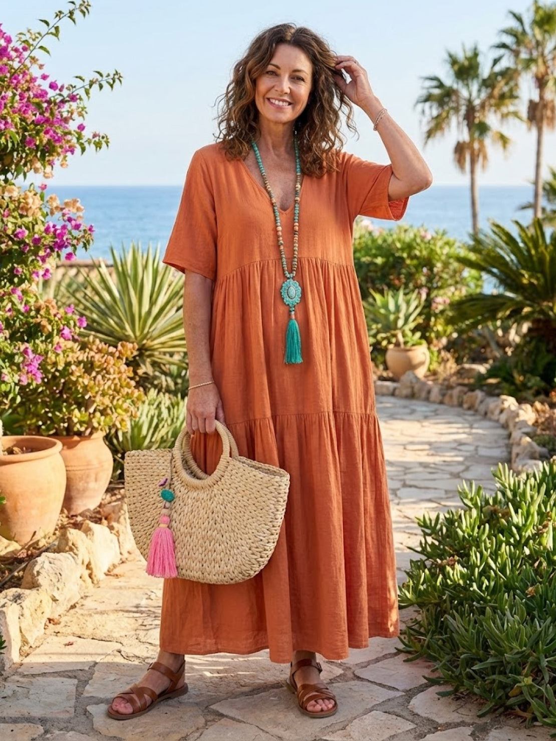 Aurora | Women's V-Neck Maxi Dress with Tiered Design and Short Sleeves