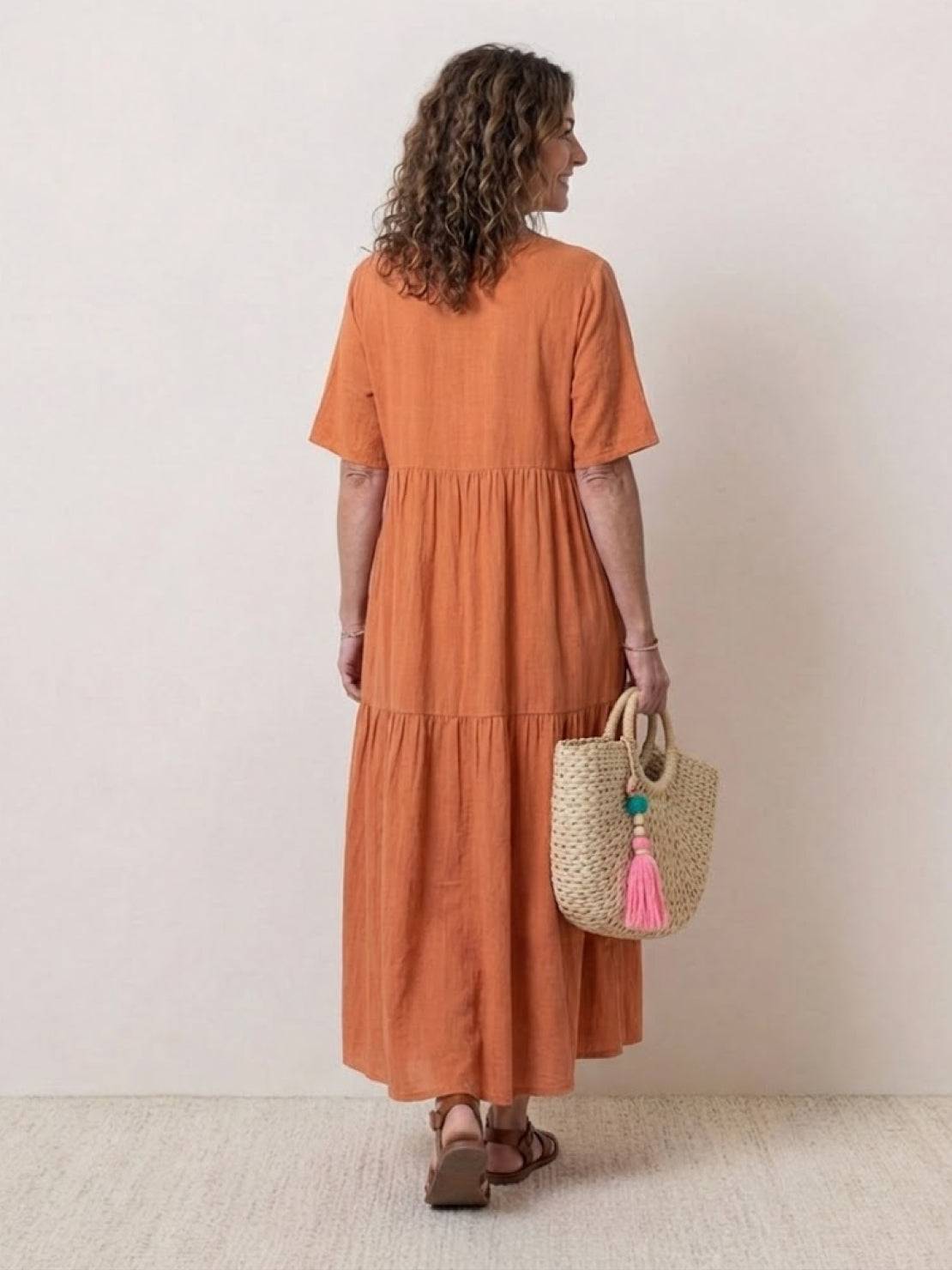 Aurora | Women's V-Neck Maxi Dress with Tiered Design and Short Sleeves
