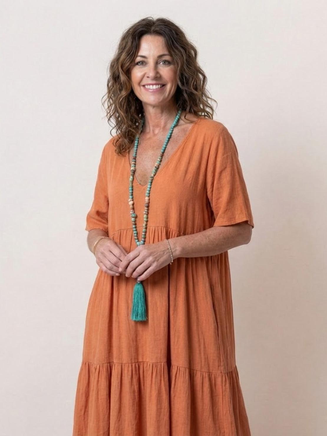 Aurora | Women's V-Neck Maxi Dress with Tiered Design and Short Sleeves
