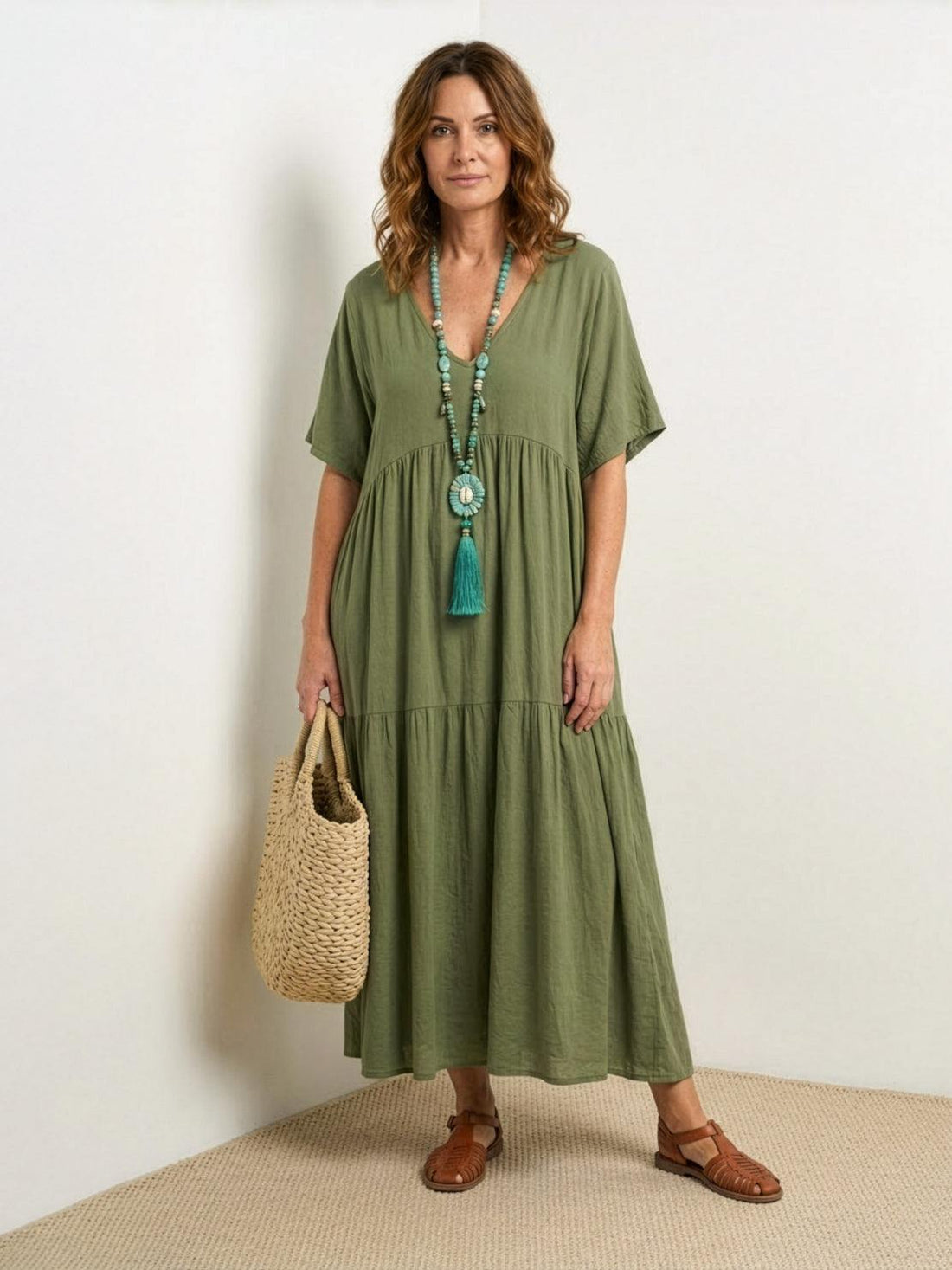 Aurora | Women's V-Neck Maxi Dress with Tiered Design and Short Sleeves