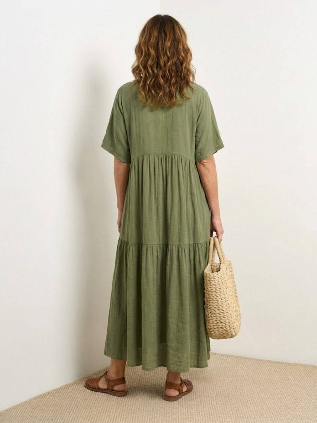 Aurora | Women's V-Neck Maxi Dress with Tiered Design and Short Sleeves