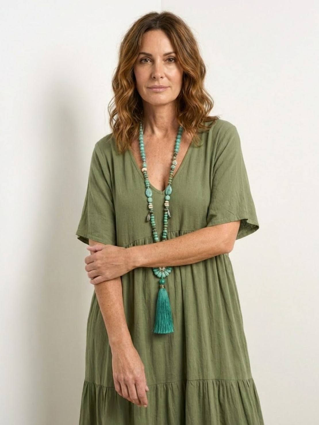 Aurora | Women's V-Neck Maxi Dress with Tiered Design and Short Sleeves